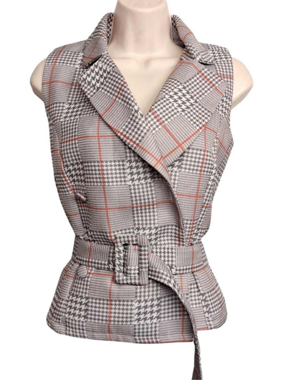 PLAINS & PRINTS Plaid Vest Jacket Sleeveless Belted Houndstooth Gray White 6